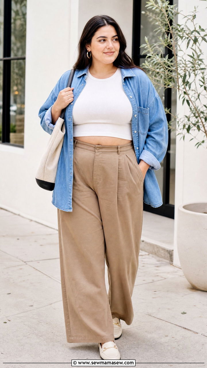 Plus Size Knit Crop Top With Button Down Shirt And Pants - 20 plus size knit crop top outfit ideas