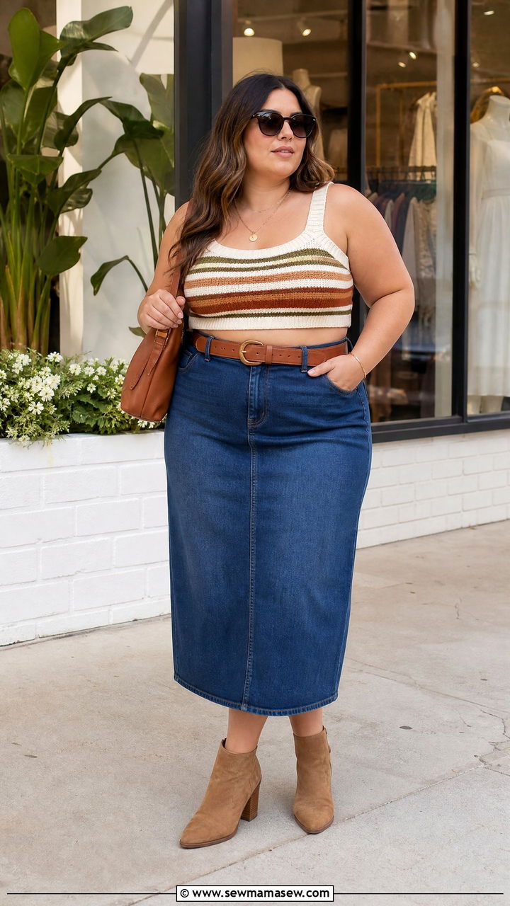 Plus Size Knit Crop Top With Denim Skirt - 20 plus size knit crop top outfit ideas