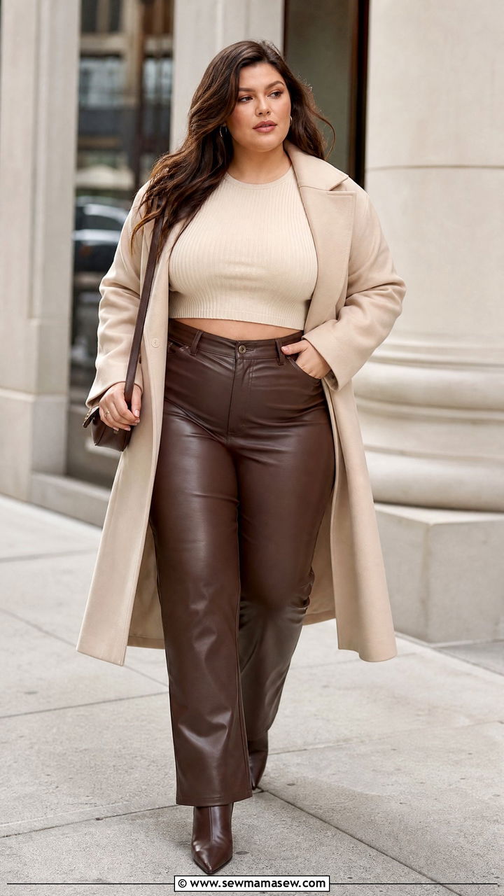 Plus Size Knit Crop Top With Faux Leather Pants - 20 plus size knit crop top outfit ideas