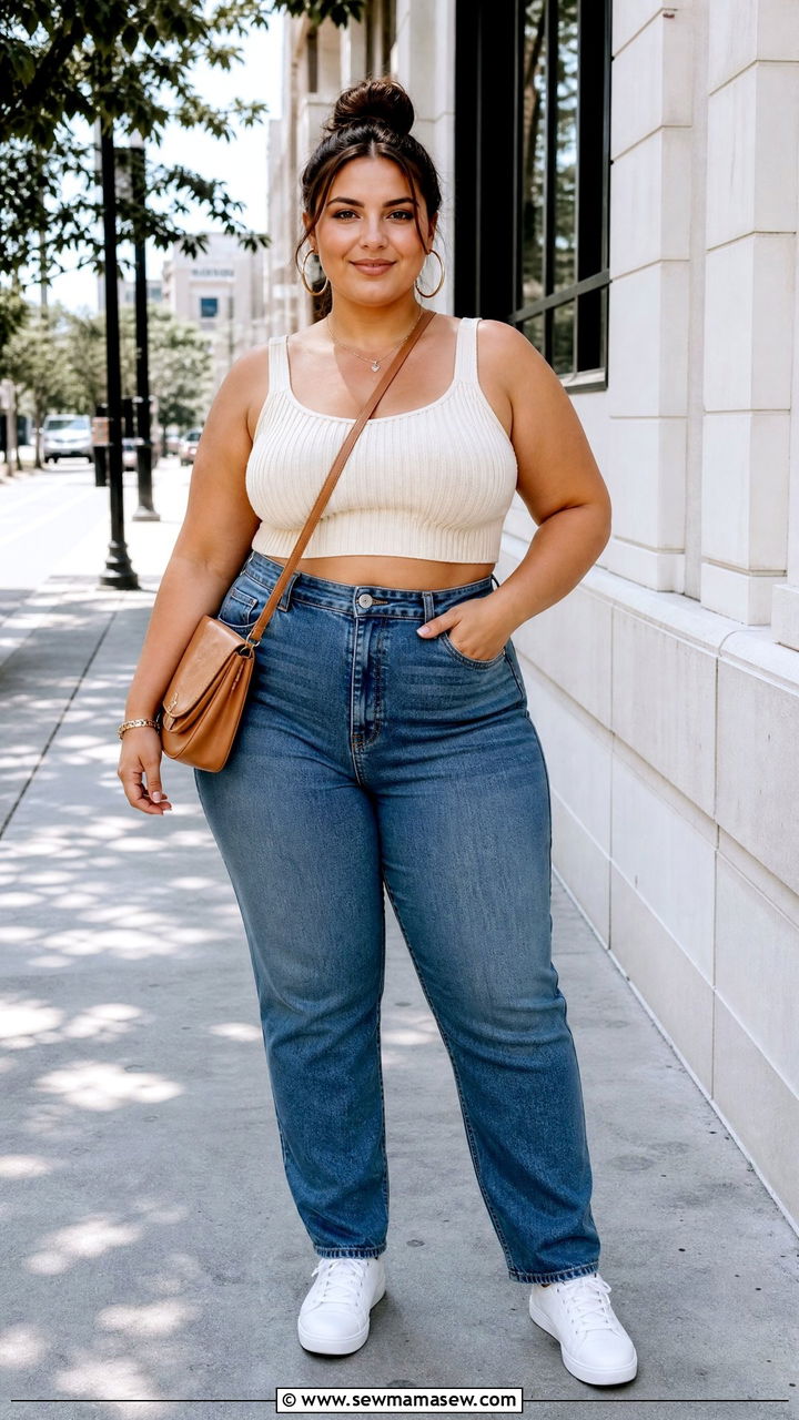 Plus Size Knit Crop Top With High Waisted Jeans - 20 plus size knit crop top outfit ideas