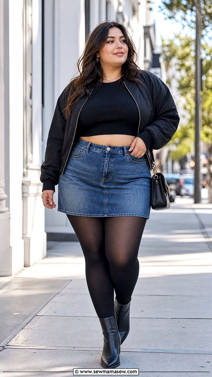 Plus Size Knit Crop Top With Mini Skirt And Jacket - 20 plus size knit crop top outfit ideas