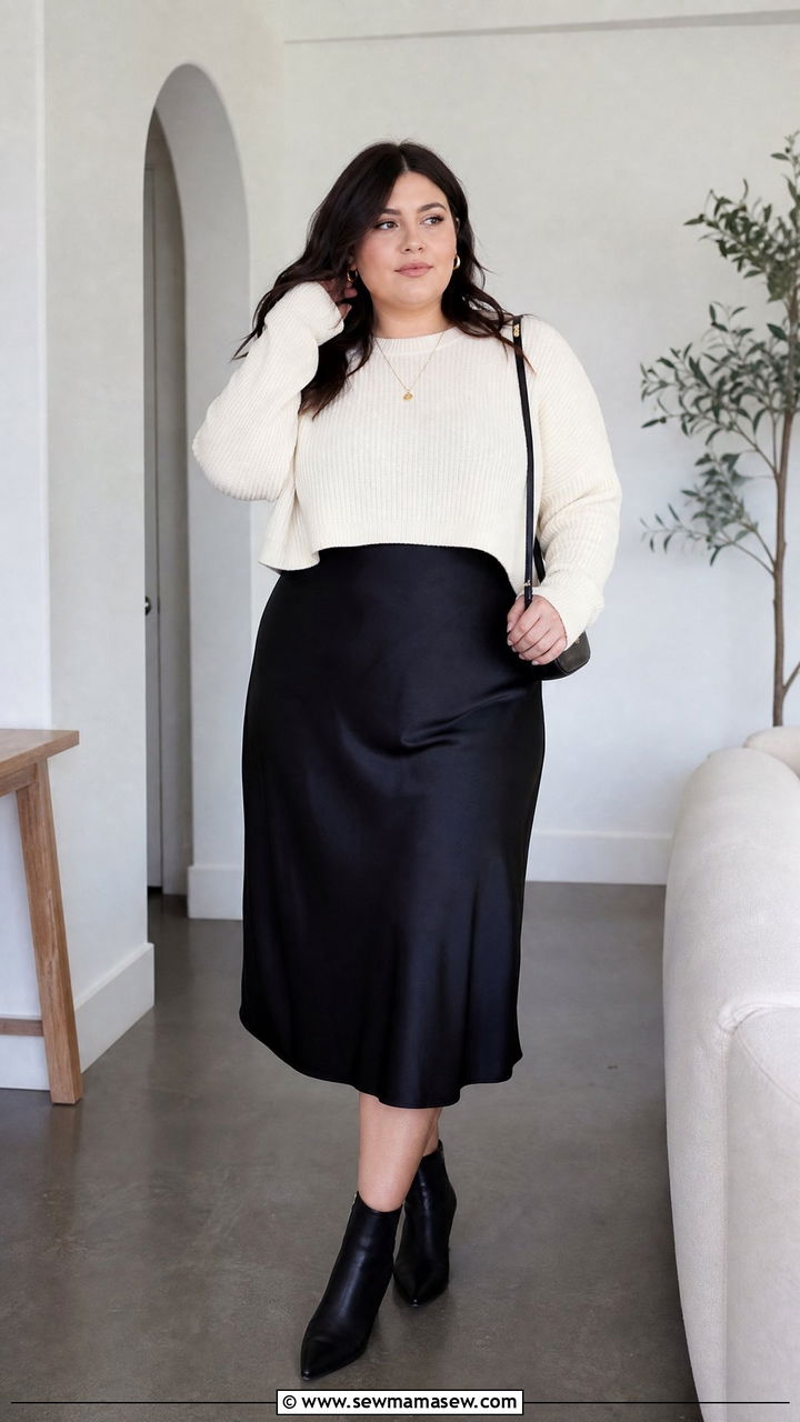 Plus Size Knit Crop Top With Slip Dress - 20 plus size knit crop top outfit ideas
