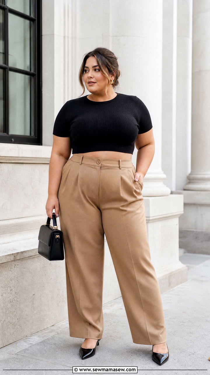 Plus Size Knit Crop Top With Tailored Trousers - 20 plus size knit crop top outfit ideas