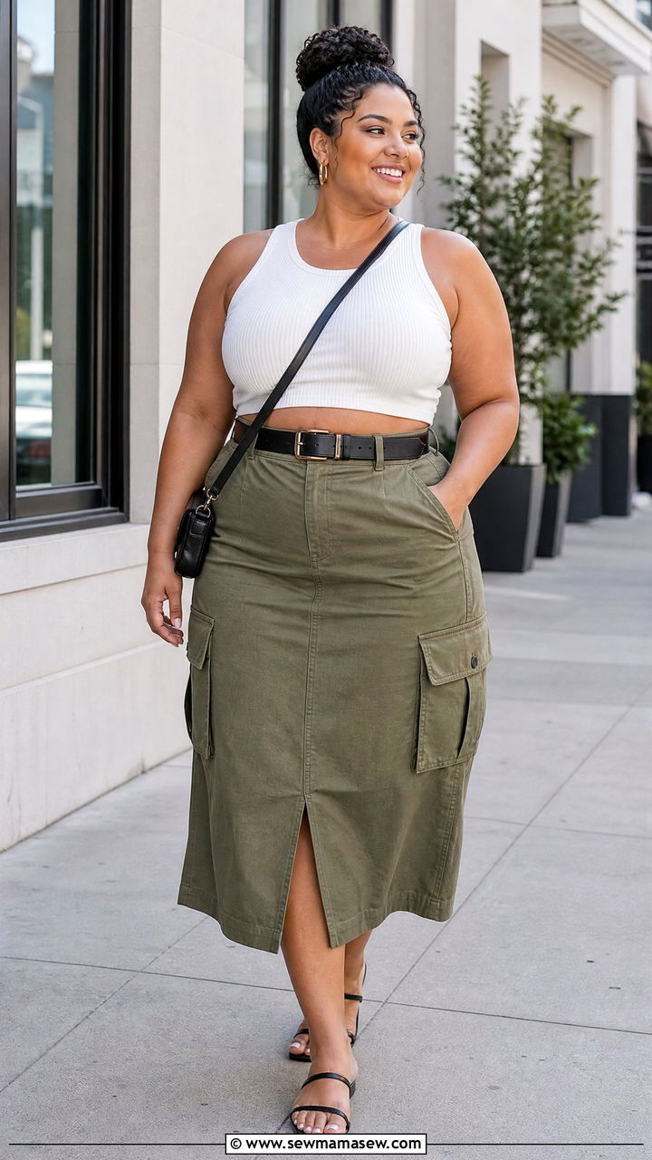 Plus Size Knit Crop Top With Utility Skirt - 20 plus size knit crop top outfit ideas