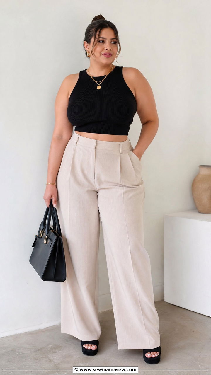 Plus Size Knit Crop Top With Wide Leg Pants - 20 plus size knit crop top outfit ideas