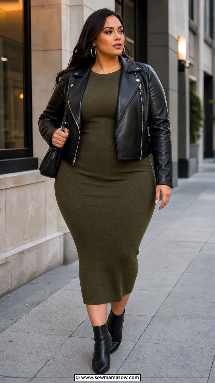 Plus Size Knit Dress With Leather Jacket - 20 plus size knit dress outfit ideas