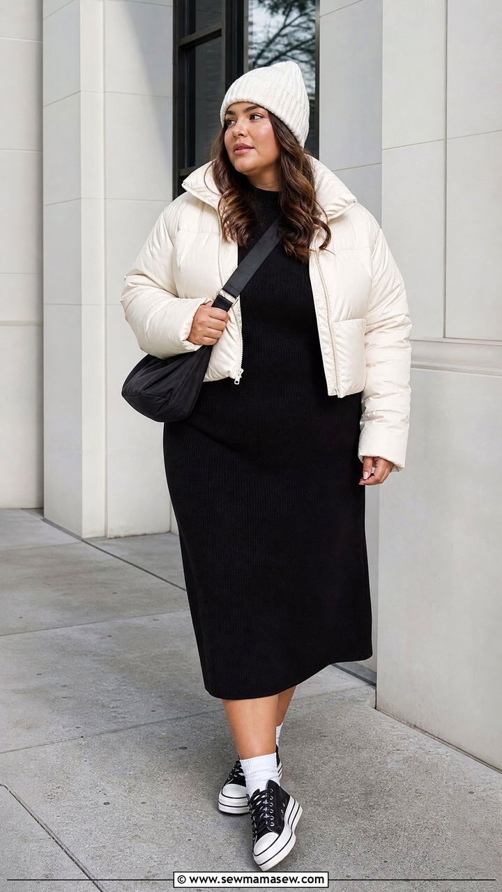 Plus Size Knit Dress With Puffer Jacket - 20 plus size knit dress outfit ideas