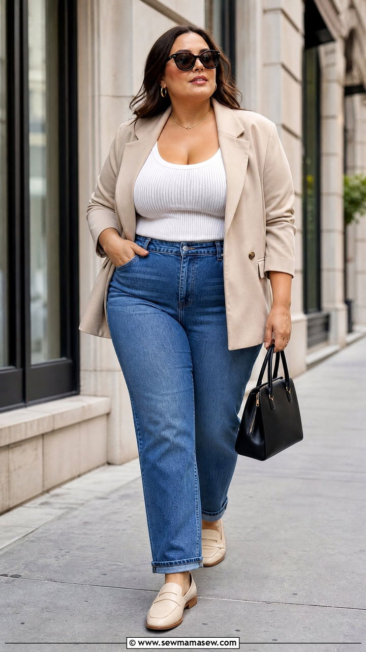 Plus Size Knit Tank Top With Blazer And Jeans - 20 plus size knit tank top outfit ideas