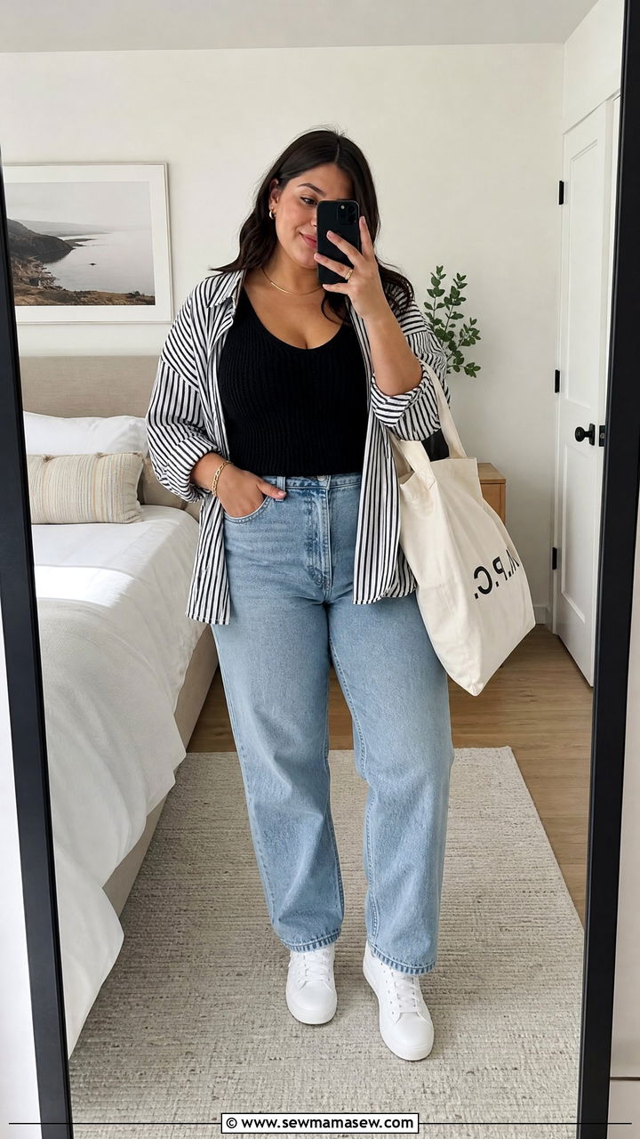 Plus Size Knit Tank Top With Button Down Shirt - 20 plus size knit tank top outfit ideas