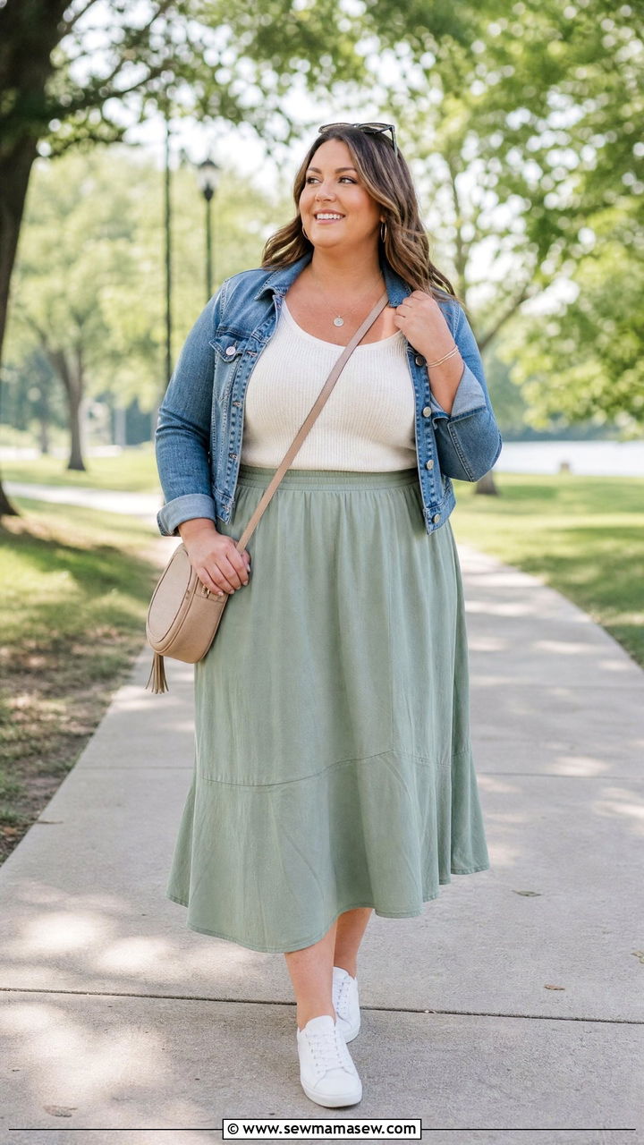 Plus Size Knit Tank Top With Denim Jacket And Skirt - 20 plus size knit tank top outfit ideas