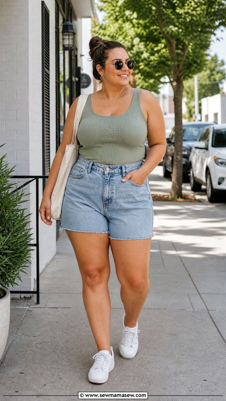 Plus Size Knit Tank Top With Denim Shorts - 20 plus size knit tank top outfit ideas