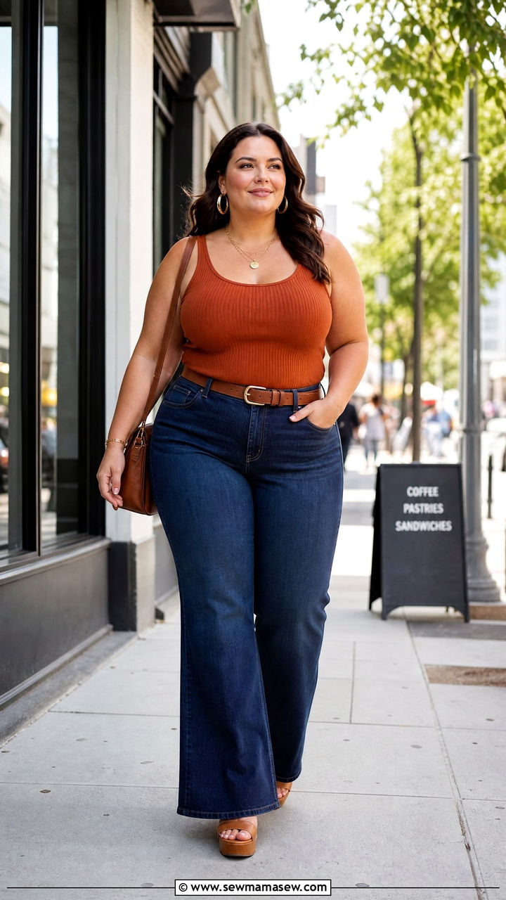 Plus Size Knit Tank Top With Flare Jeans - 20 plus size knit tank top outfit ideas