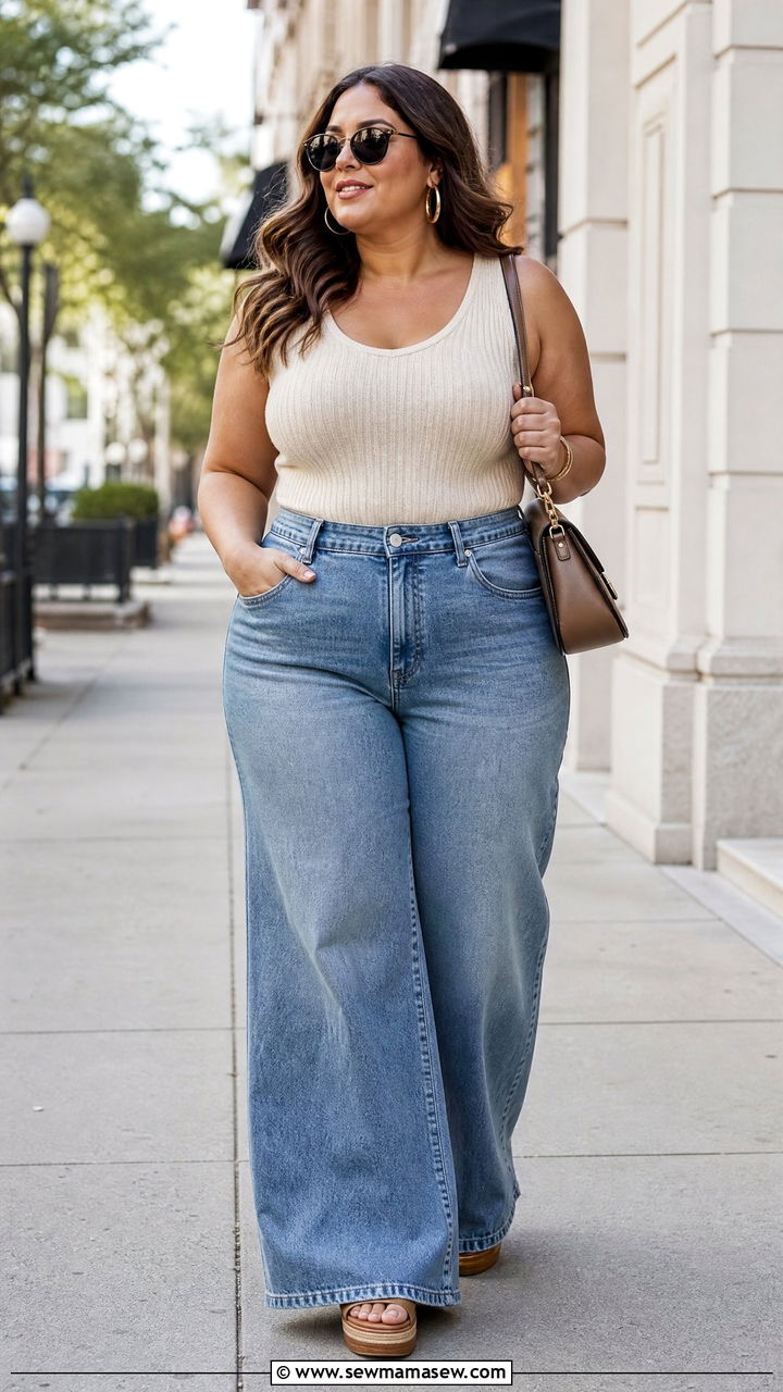Plus Size Knit Tank Top With Wide Leg Jeans - 20 plus size knit tank top outfit ideas