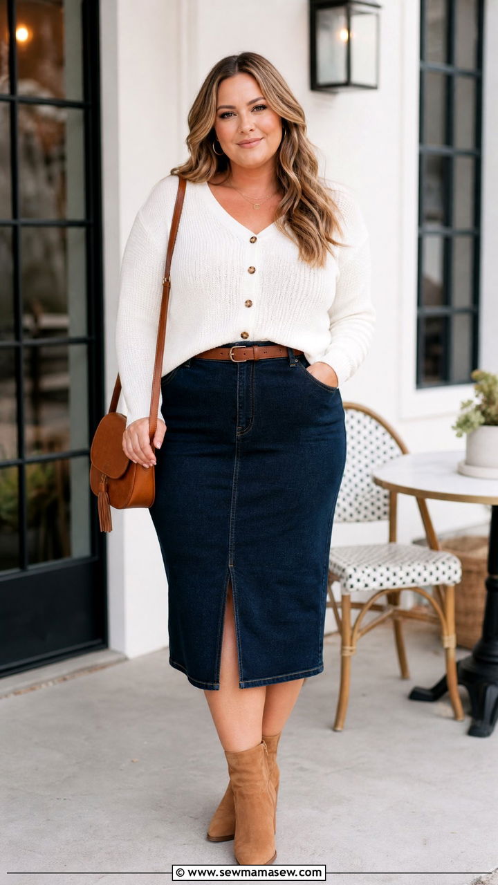 Plus Size Knit Top With Denim Skirt - 20 plus size knit top outfit ideas