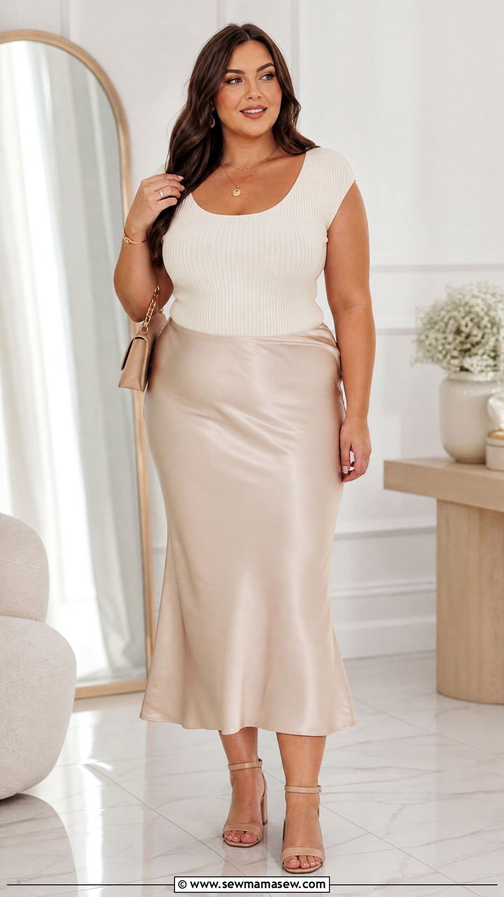 Plus Size Knit Top With Satin Midi Skirt - 20 plus size knit top outfit ideas