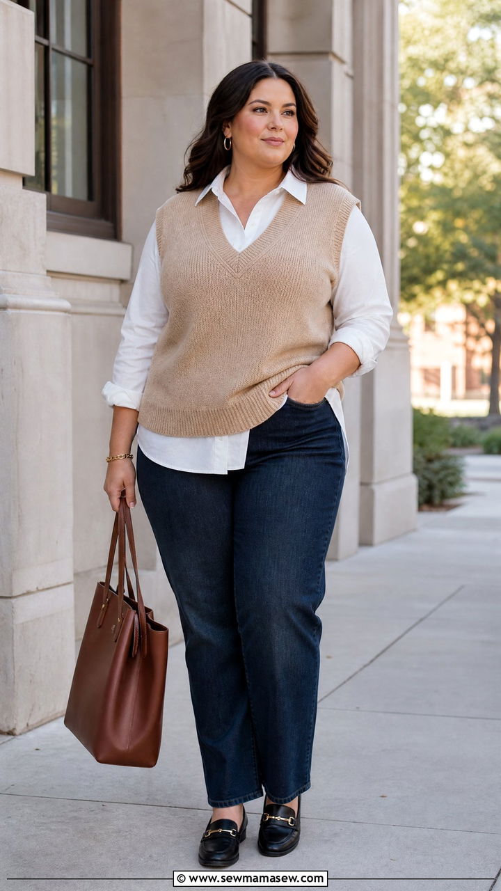 Plus Size Knit Top With Sweater Vest - 20 plus size knit top outfit ideas