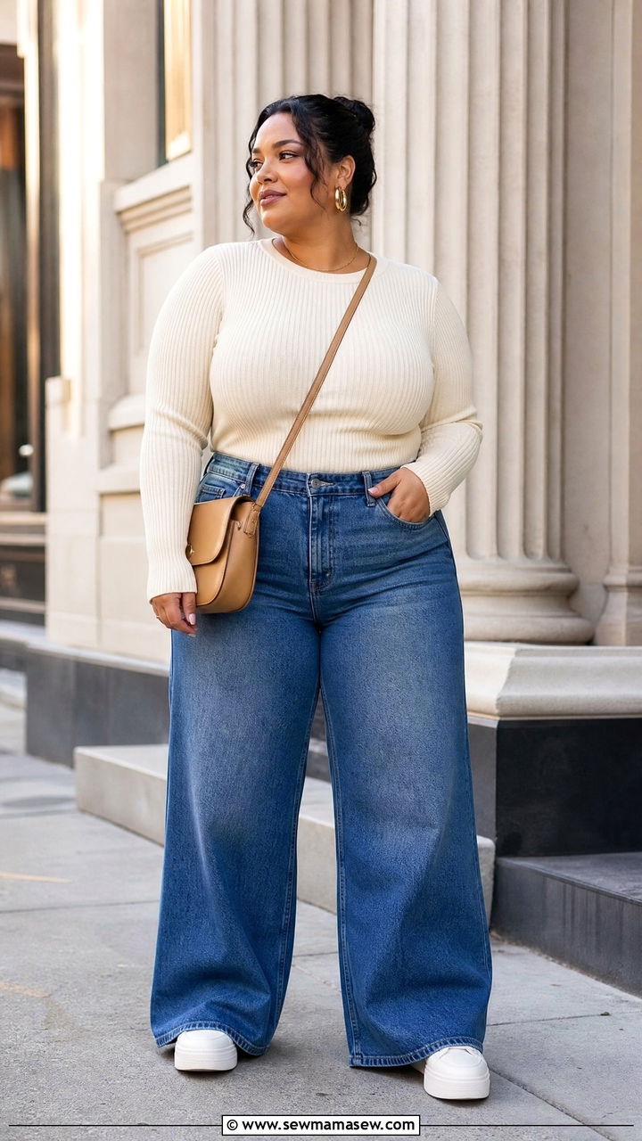 Plus Size Knit Top With Wide Leg Jeans - 20 plus size knit top outfit ideas