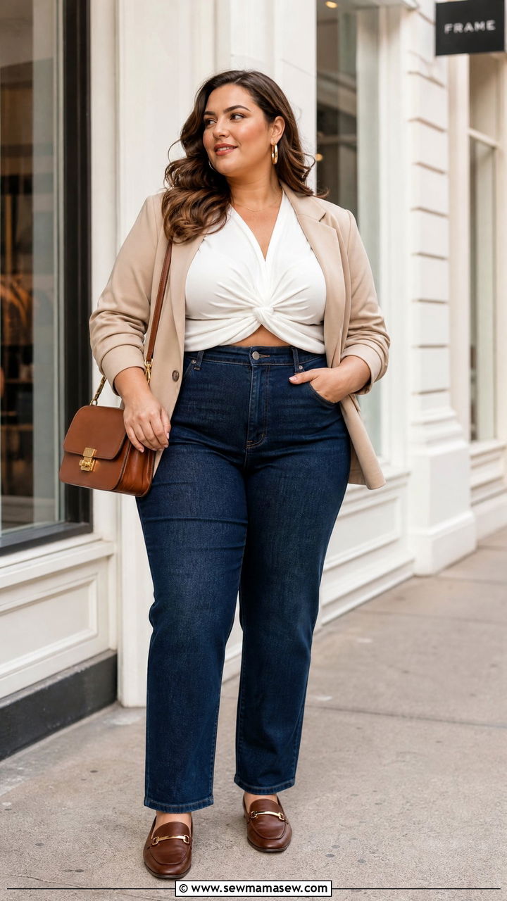 Plus Size Knot Front Top With Blazer And Jeans - 20 plus size knot front top outfit ideas