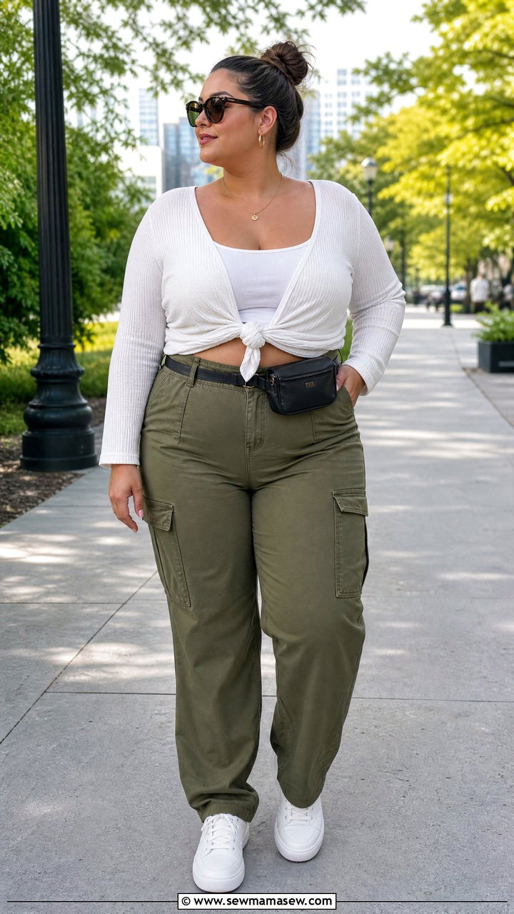 Plus Size Knot Front Top With Cargo Pants - 20 plus size knot front top outfit ideas