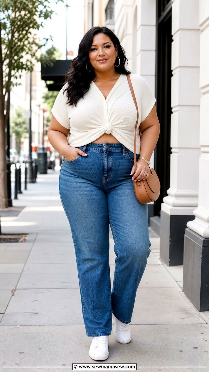 Plus Size Knot Front Top With High Waisted Jeans - 20 plus size knot front top outfit ideas