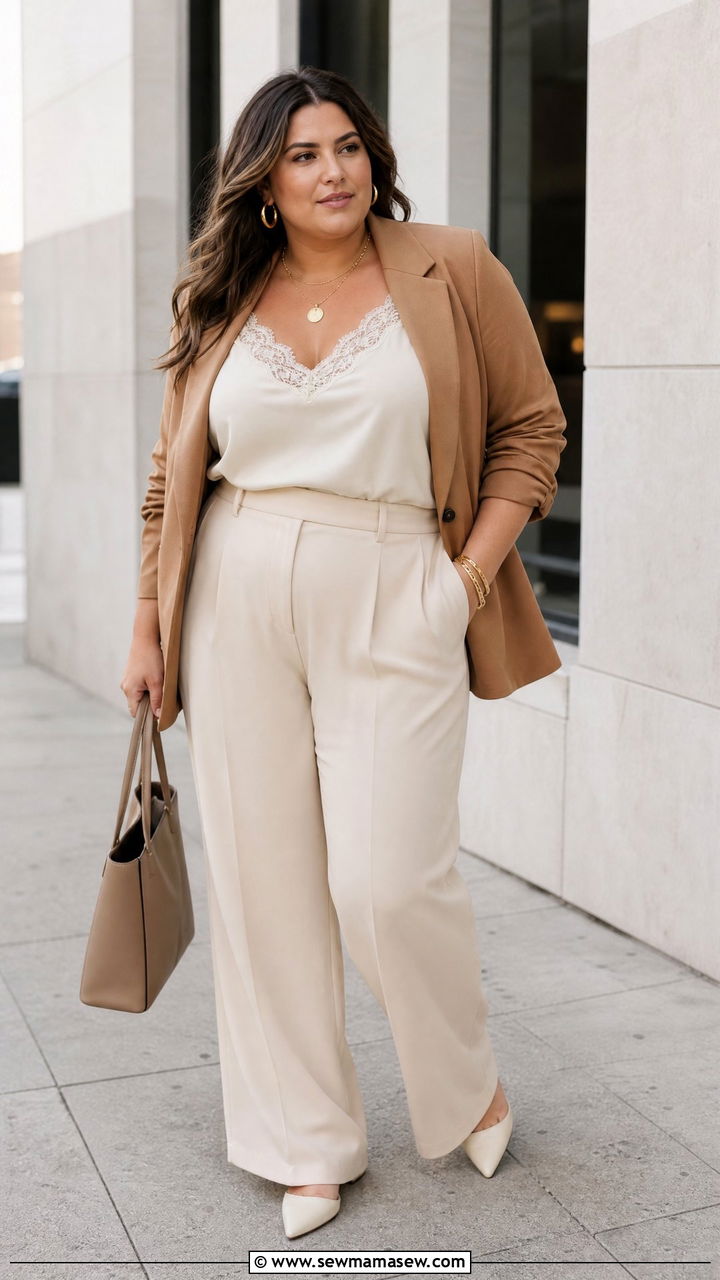 Plus Size Lace Cami Top With Blazer And Trousers - 20 plus size lace cami top outfit ideas