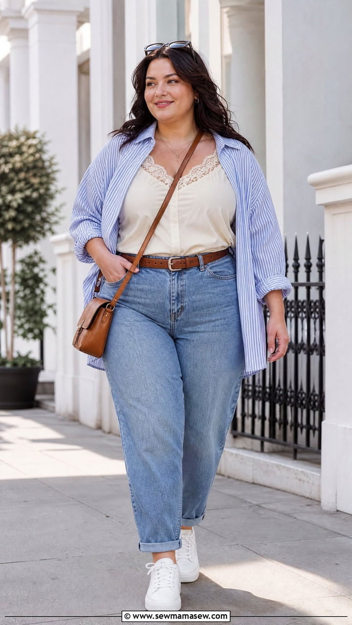 Plus Size Lace Cami Top With Button Down Shirt And Jeans - 20 plus size lace cami top outfit ideas