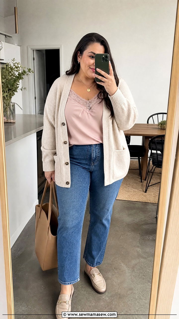 Plus Size Lace Cami Top With Cardigan And Straight Jeans - 20 plus size lace cami top outfit ideas