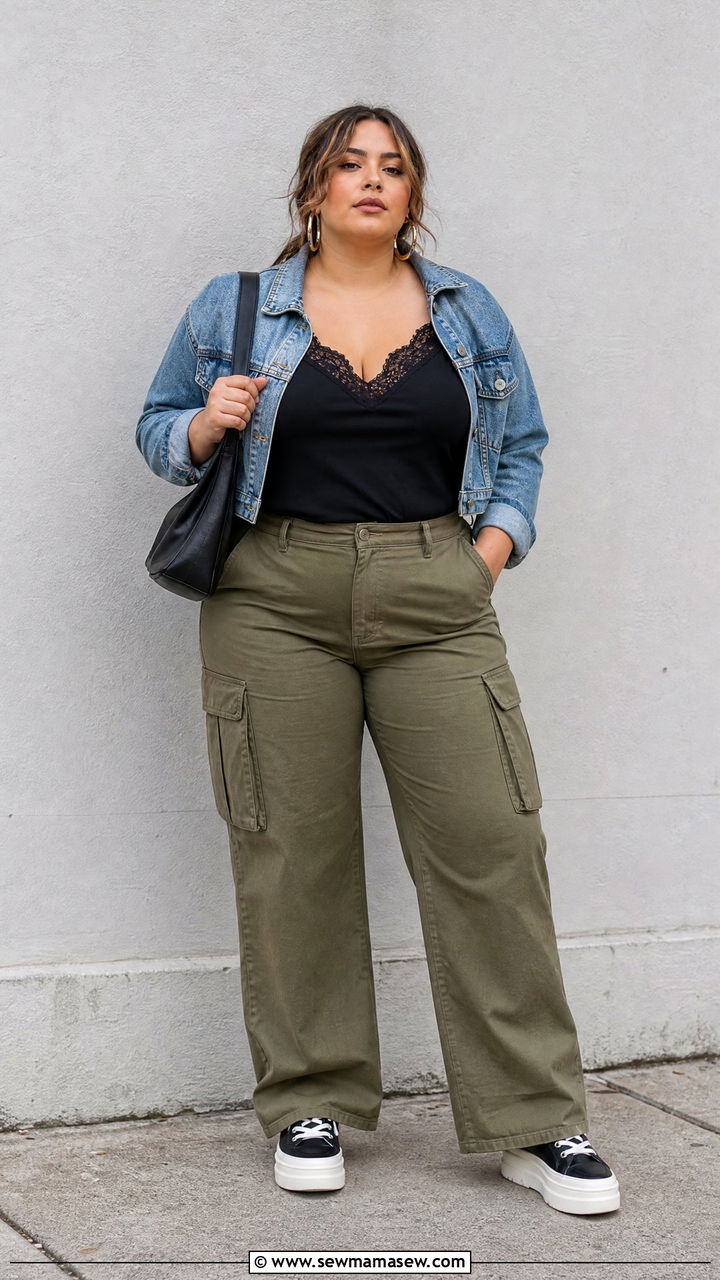 Plus Size Lace Cami Top With Cargo Pants - 20 plus size lace cami top outfit ideas