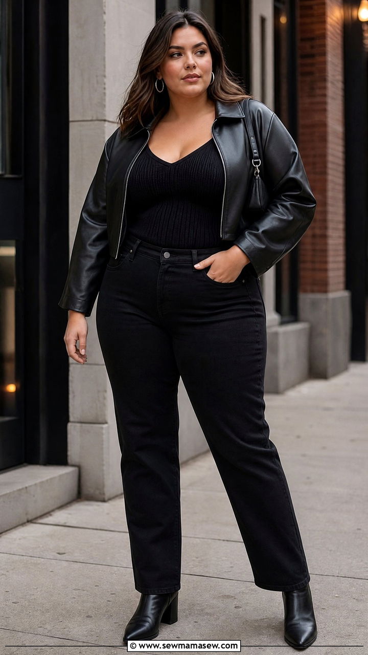 Plus Size Lace Cami Top With Leather Jacket And Black Jeans - 20 plus size lace cami top outfit ideas