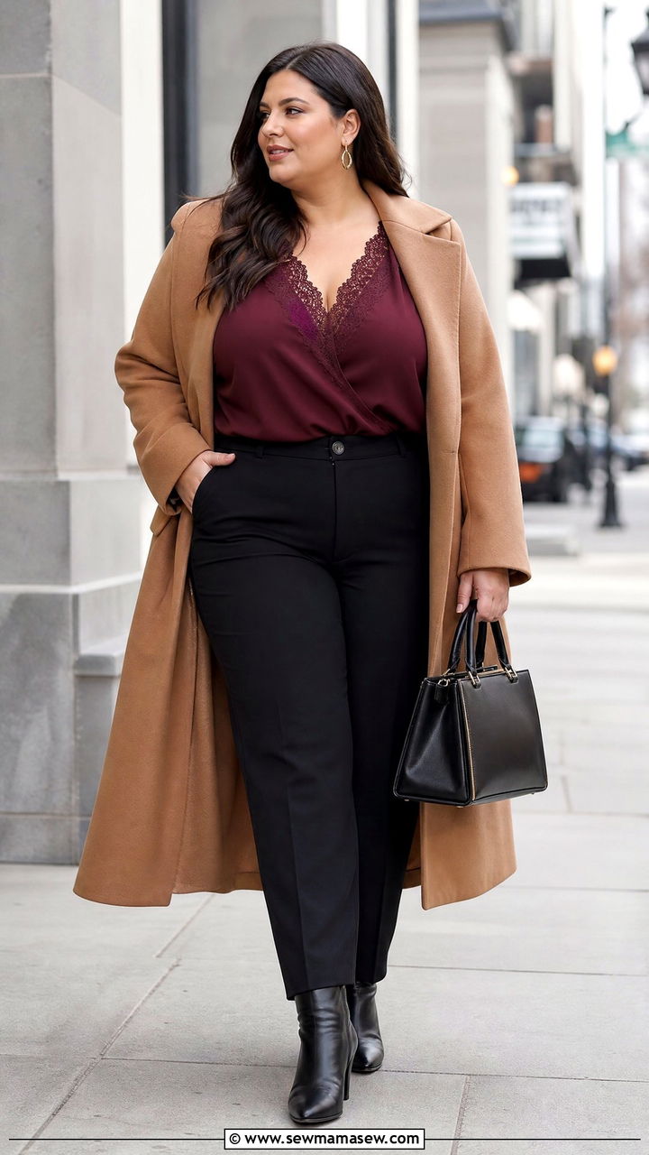 Plus Size Lace Cami Top With Long Coat And Boots - 20 plus size lace cami top outfit ideas