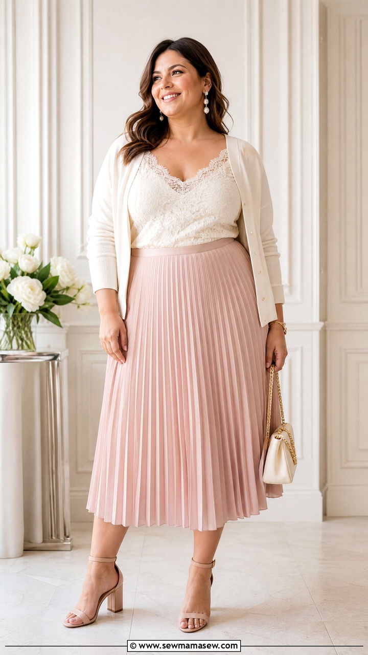 Plus Size Lace Cami Top With Pleated Midi Skirt - 20 plus size lace cami top outfit ideas