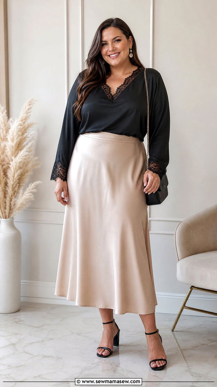 Plus Size Lace Cami Top With Satin Midi Skirt - 20 plus size lace cami top outfit ideas