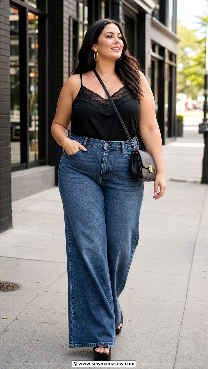 Plus Size Lace Cami Top With Wide Leg Jeans - 20 plus size lace cami top outfit ideas