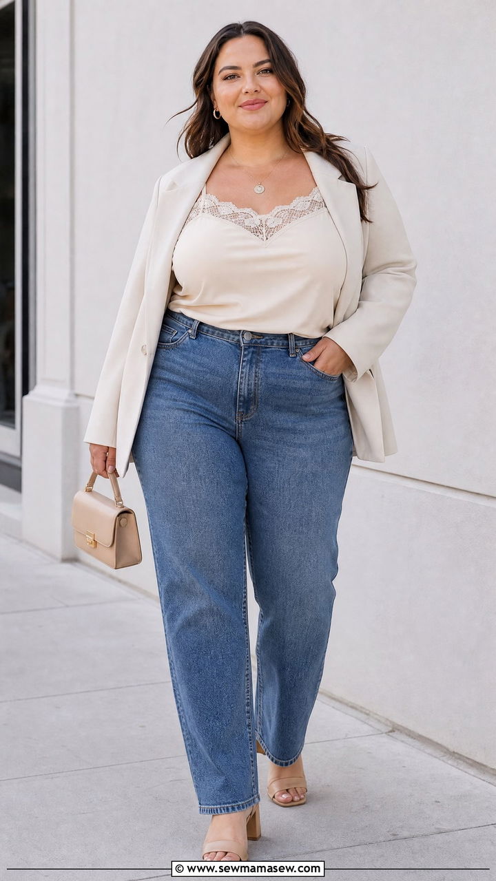 Plus Size Lace Camisole Top With Straight Leg Jeans - 20 plus size camisole top outfit ideas