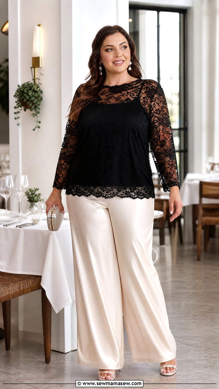 Plus Size Lace Party Top With Satin Pants - 20 plus size party top outfit ideas