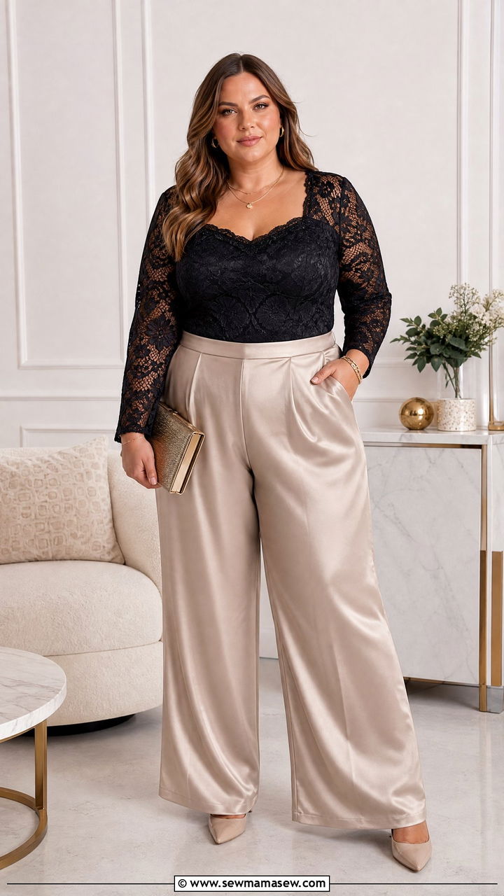 Plus Size Lace Top And Satin Pants Outfit - 20 plus size holiday party outfit ideas