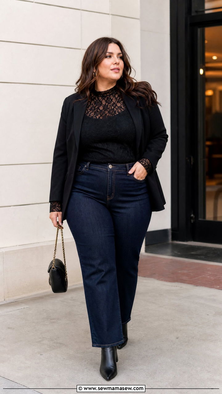Plus Size Lace Top With Dark Denim Outfit - 20 plus size going out top outfit ideas