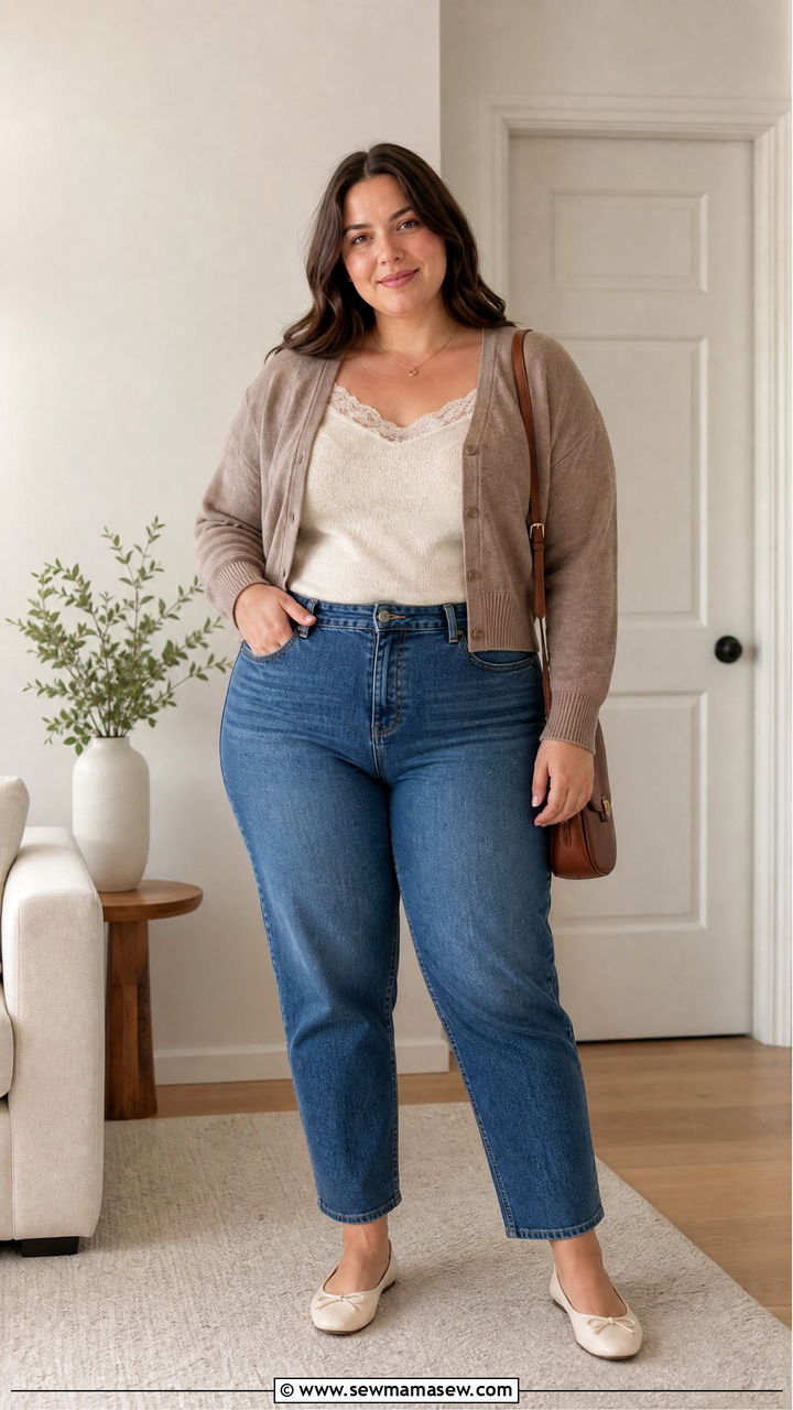 Plus Size Lace Trim Cami Top With Cardigan - 20 plus size cami top outfit ideas