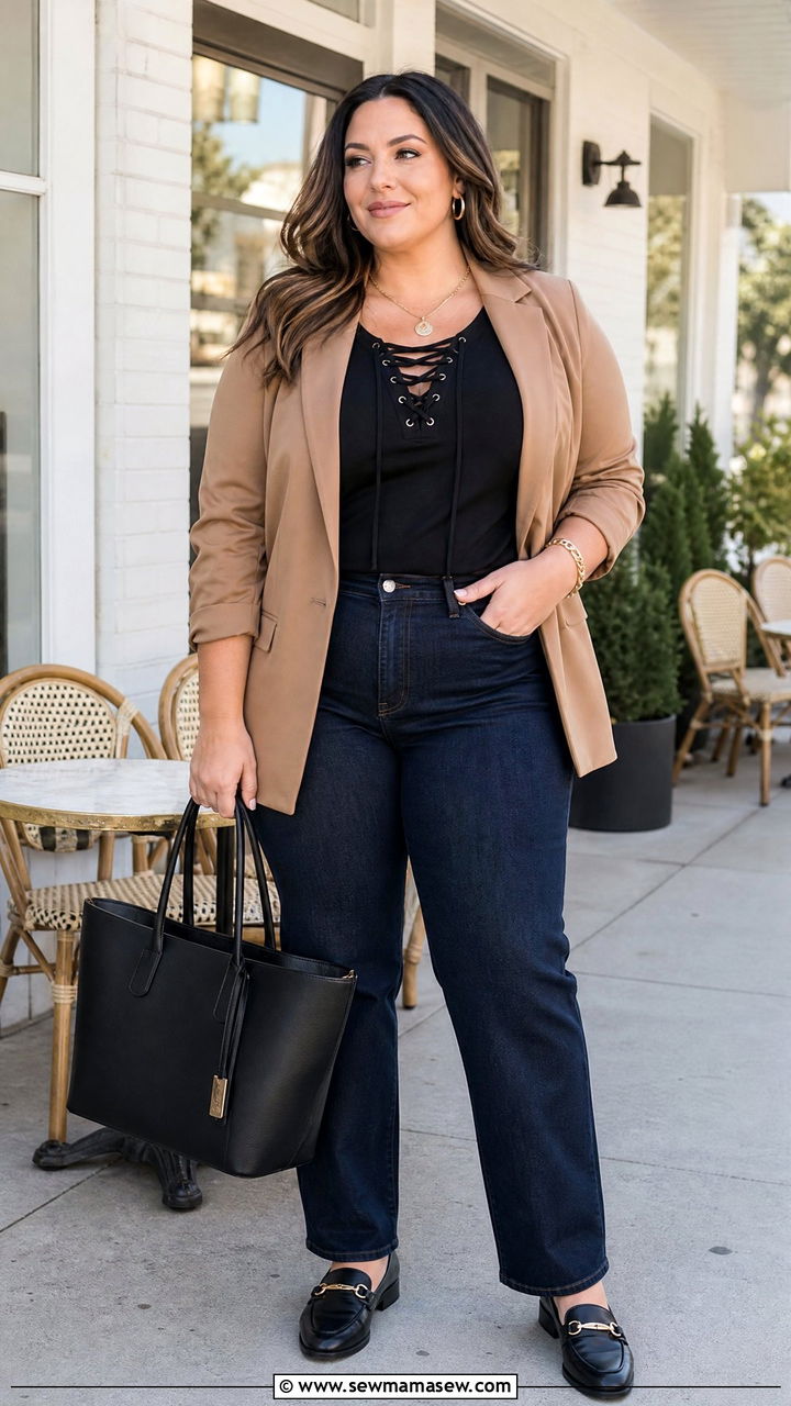 Plus Size Lace Up Top With Blazer And Jeans - 20 plus size lace up top outfit ideas
