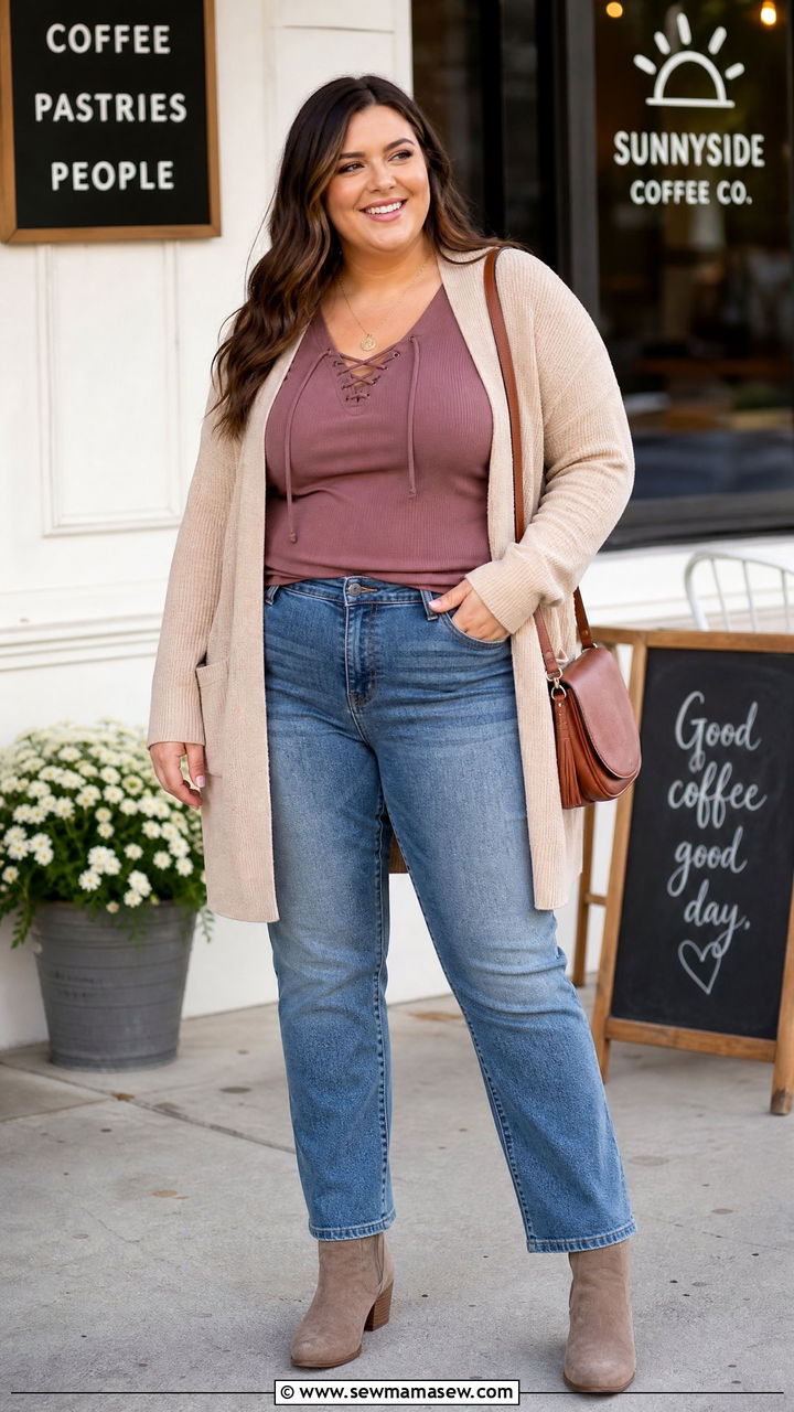 Plus Size Lace Up Top With Cardigan And Jeans - 20 plus size lace up top outfit ideas