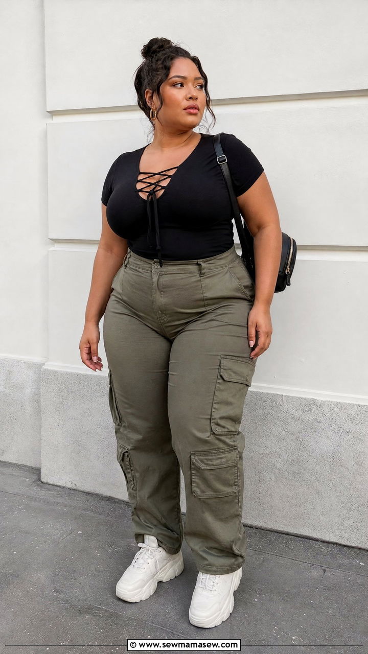 Plus Size Lace Up Top With Cargo Pants - 20 plus size lace up top outfit ideas