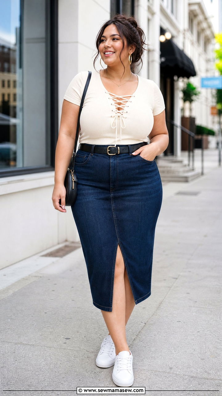 Plus Size Lace Up Top With Denim Skirt - 20 plus size lace up top outfit ideas