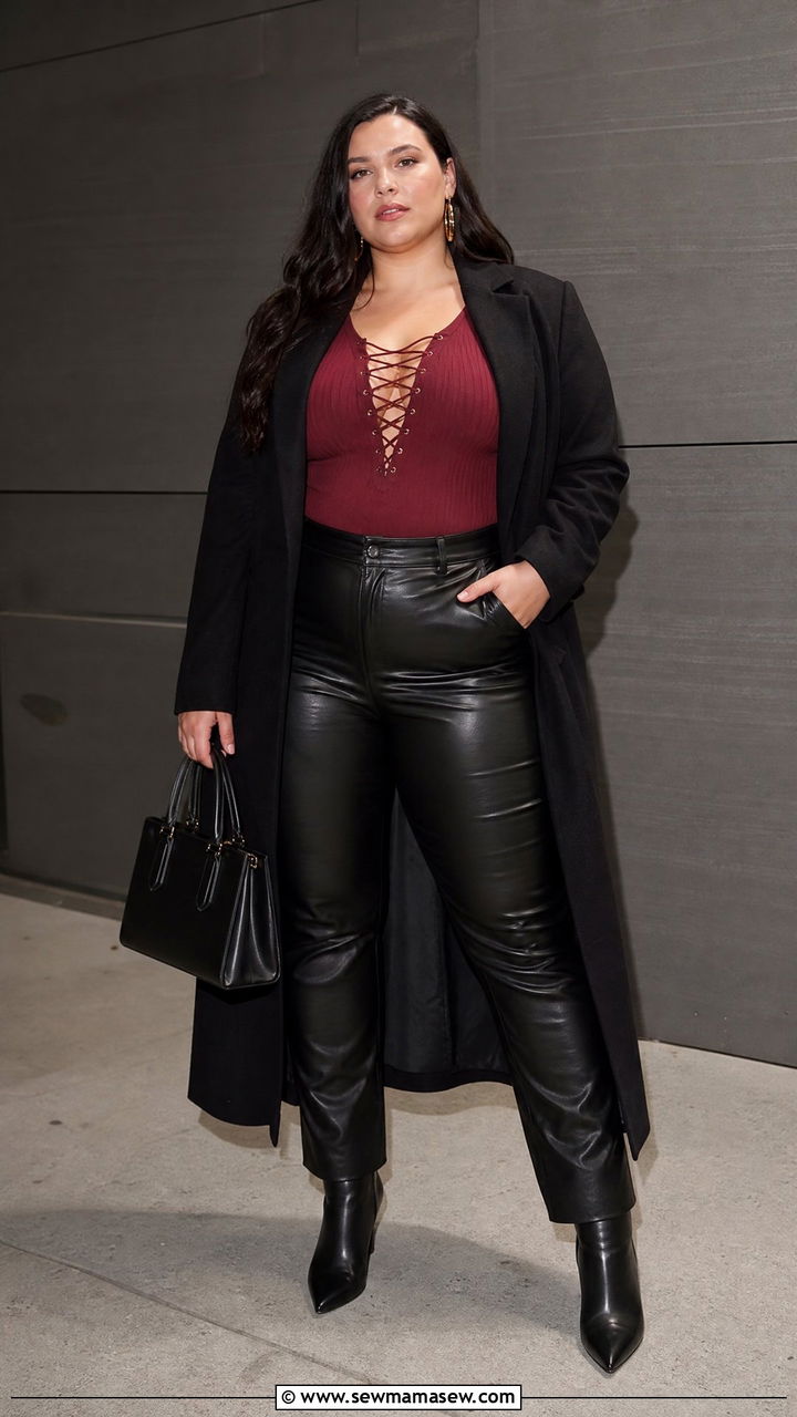 Plus Size Lace Up Top With Faux Leather Pants - 20 plus size lace up top outfit ideas