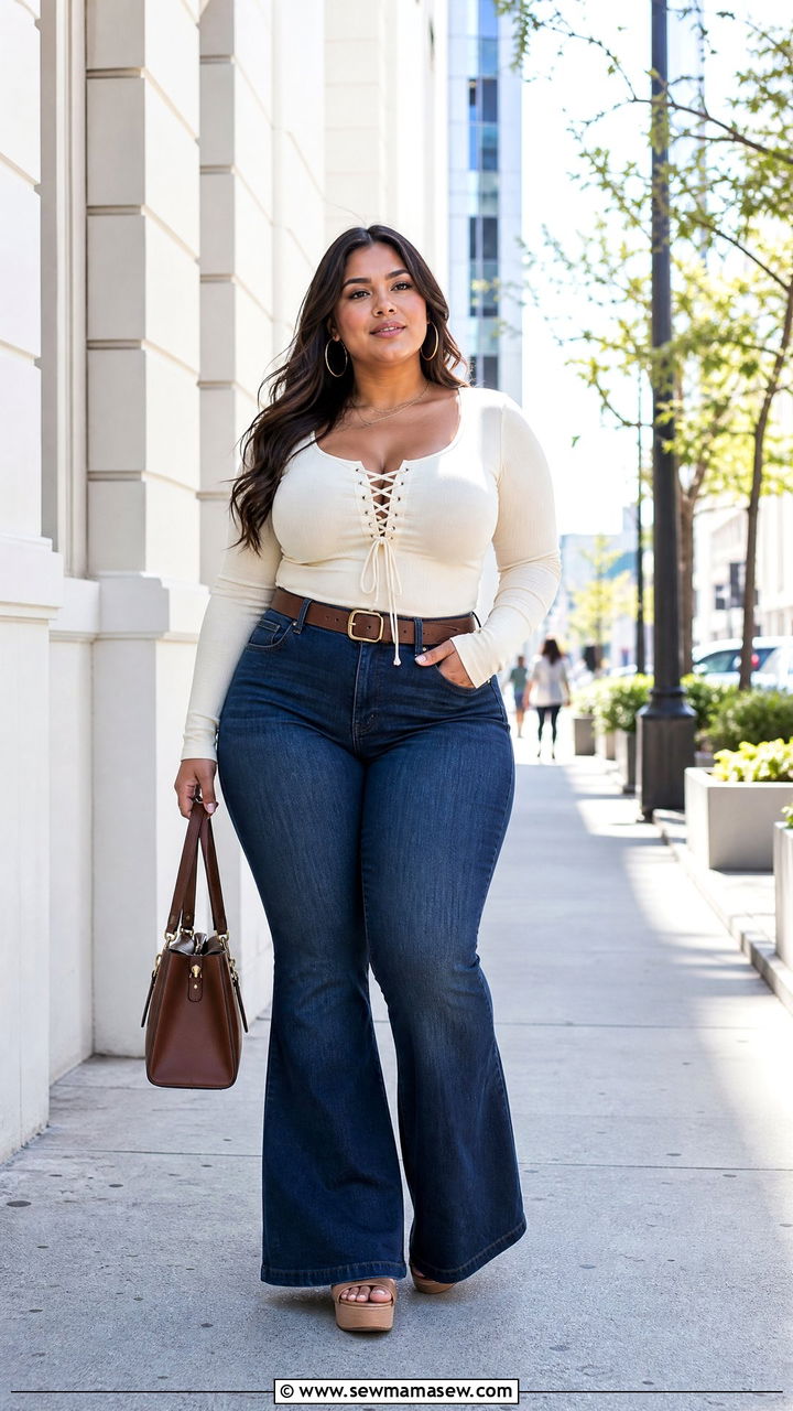 Plus Size Lace Up Top With Flare Jeans - 20 plus size lace up top outfit ideas