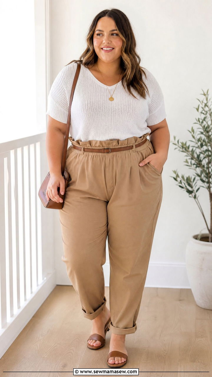 Plus Size Lace Up Top With Paper Bag Pants - 20 plus size lace up top outfit ideas