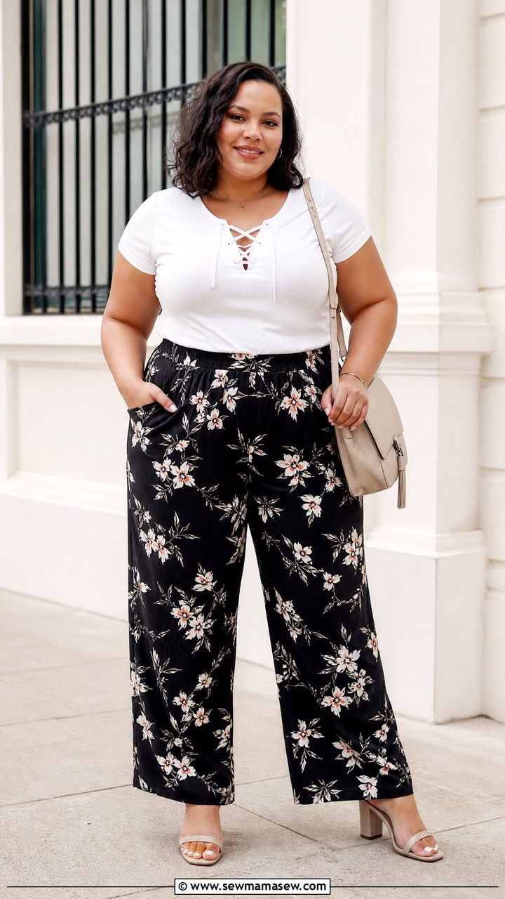 Plus Size Lace Up Top With Printed Pants - 20 plus size lace up top outfit ideas