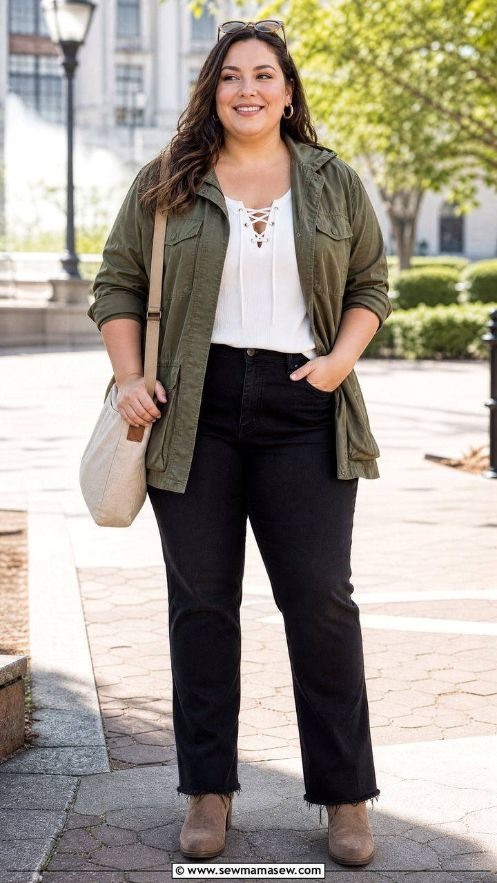 Plus Size Lace Up Top With Utility Jacket - 20 plus size lace up top outfit ideas