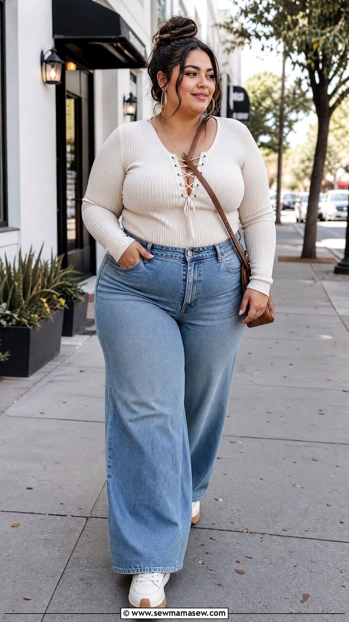 Plus Size Lace Up Top With Wide Leg Jeans - 20 plus size lace up top outfit ideas