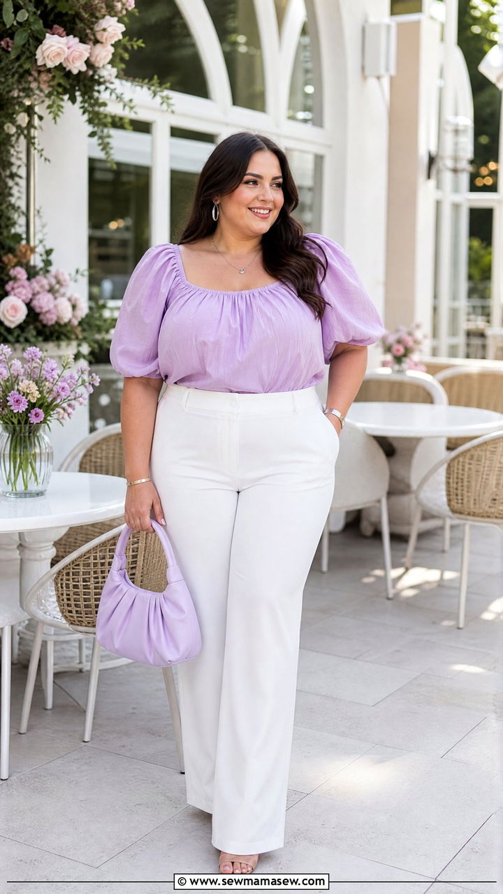 Plus Size Lavender Top And White Pants Outfit - 20 plus size easter outfit ideas