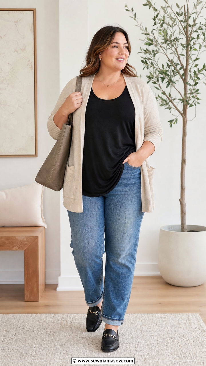 Plus Size Layered Tank Top With Cardigan And Jeans - 20 plus size tops to hide belly outfit ideas